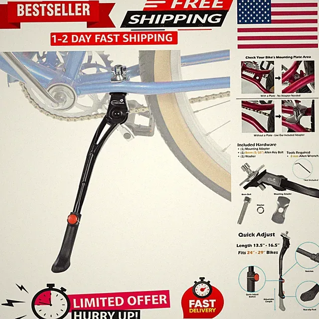 Center Mount Bike Kickstand - Fits 24-29 Inch Bicycles - Adult Mountain, Crui...